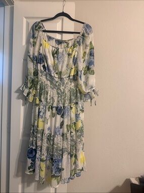 Floral Tiered Off-Shoulder Dress in White, Blue & Yellow